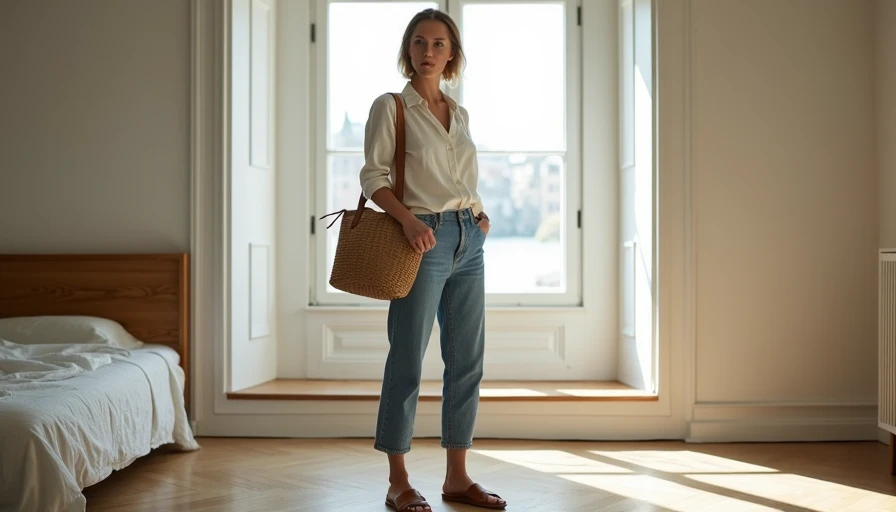 Natalie Rhodes standing in a bright bedroom wearing a cream linen shirt and relaxed jeans, representing Wear With Intent's mission of intentional, polished everyday style.