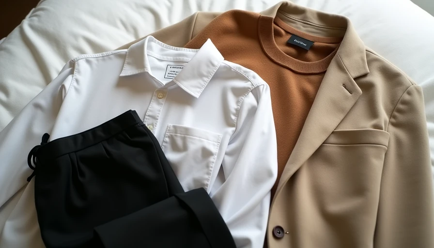 Coordinated wardrobe cluster with black trousers, white shirt, camel sweater and beige blazer