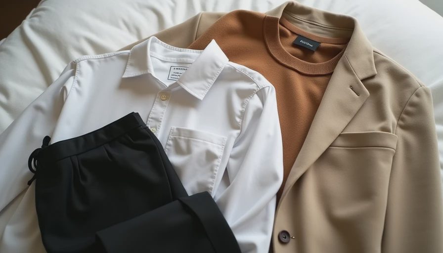 Coordinated wardrobe cluster with black trousers, white shirt, camel sweater and beige blazer