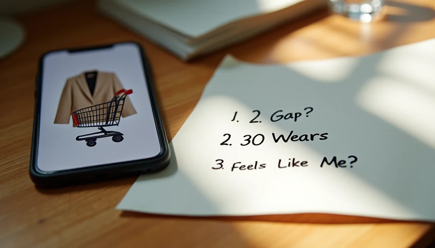 Smartphone shopping cart and three questions note for intentional clothing purchases