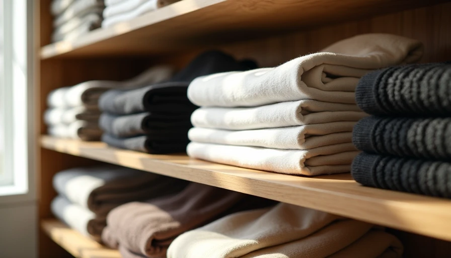 Organized closet shelf with folded neutral basics including shirts, trousers and knits