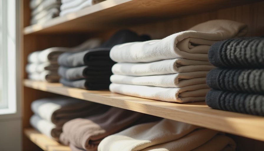 Organized closet shelf with folded neutral basics including shirts, trousers and knits