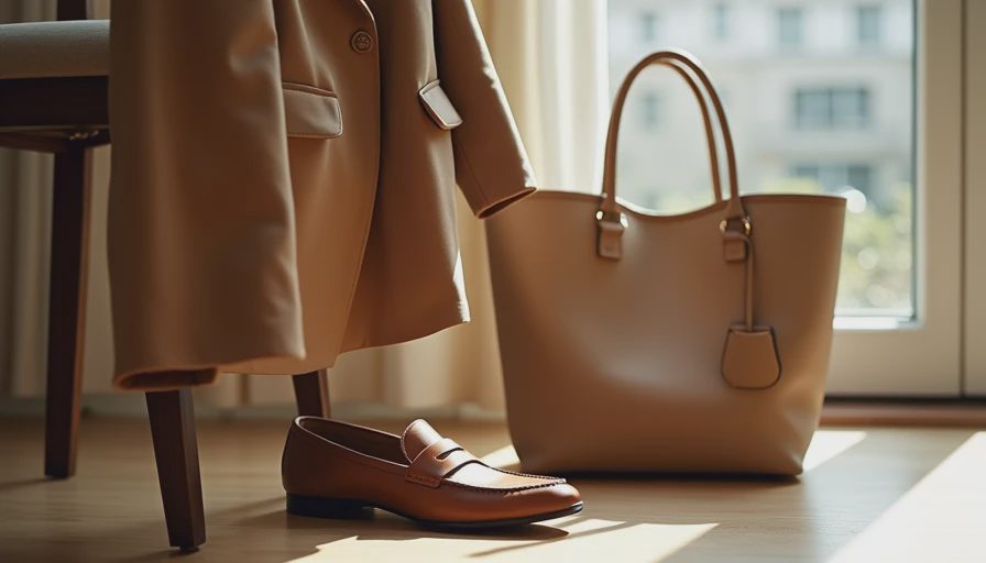 Camel blazer, beige tote and cognac loafers showing complete wardrobe supporting pieces