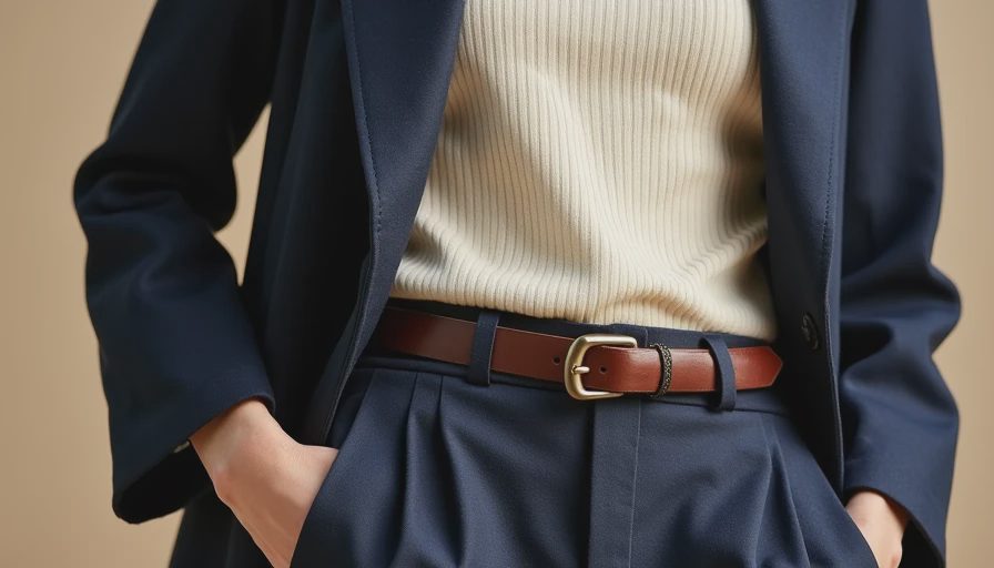Navy blazer layered over cream knit top showing practical polished styling detail