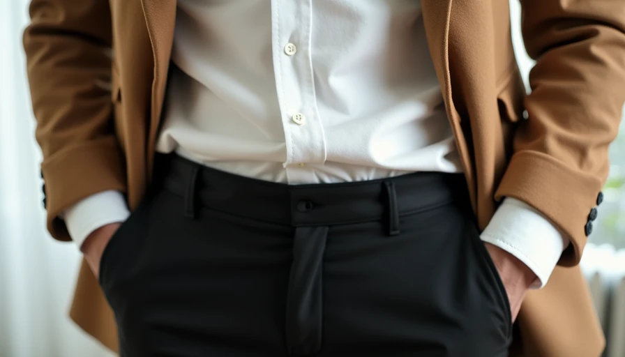 White button-down shirt tucked into black trousers with camel blazer showing wardrobe building foundation
