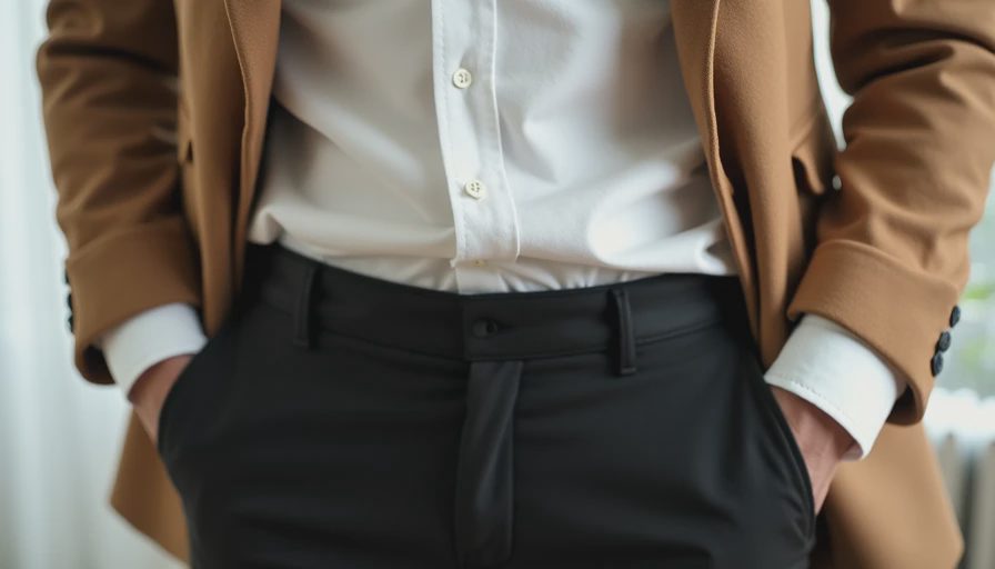 White button-down shirt tucked into black trousers with camel blazer showing wardrobe building foundation