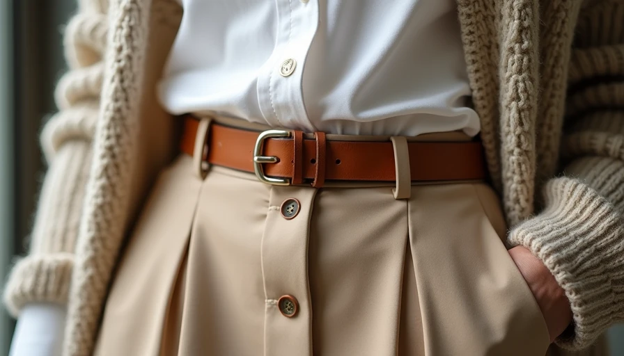 Half-tucked shirt with midi skirt and leather belt showing dinner outfit detail