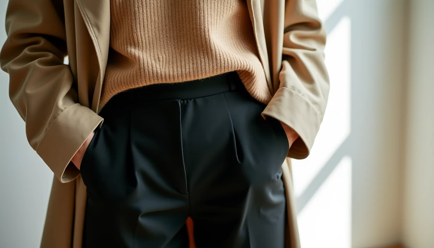 Camel knit sweater layered under beige trench coat showing transitional styling