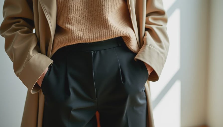 Camel knit sweater layered under beige trench coat showing transitional styling