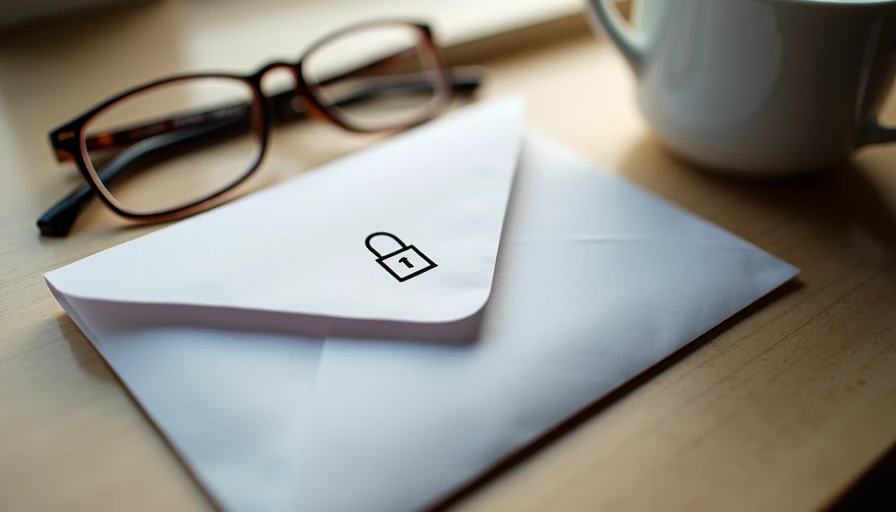 A white envelope with a lock icon on a light wood surface next to reading glasses and a coffee mug, representing Wear With Intent's commitment to protecting your privacy with transparency and care.