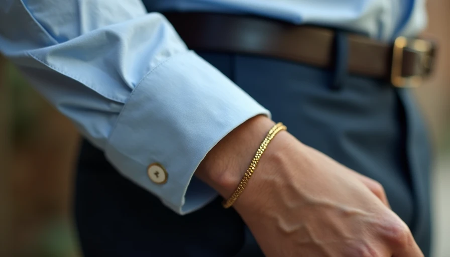 Close-up of a neatly rolled cotton shirt sleeve and a gold chain bracelet on a wrist