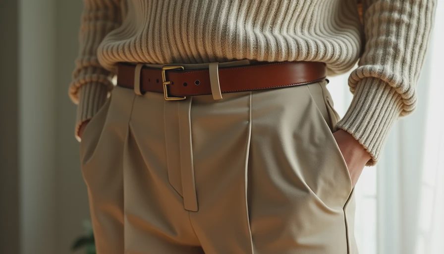 Merino knit sweater tucked into wide-leg trousers showing comfortable polished styling