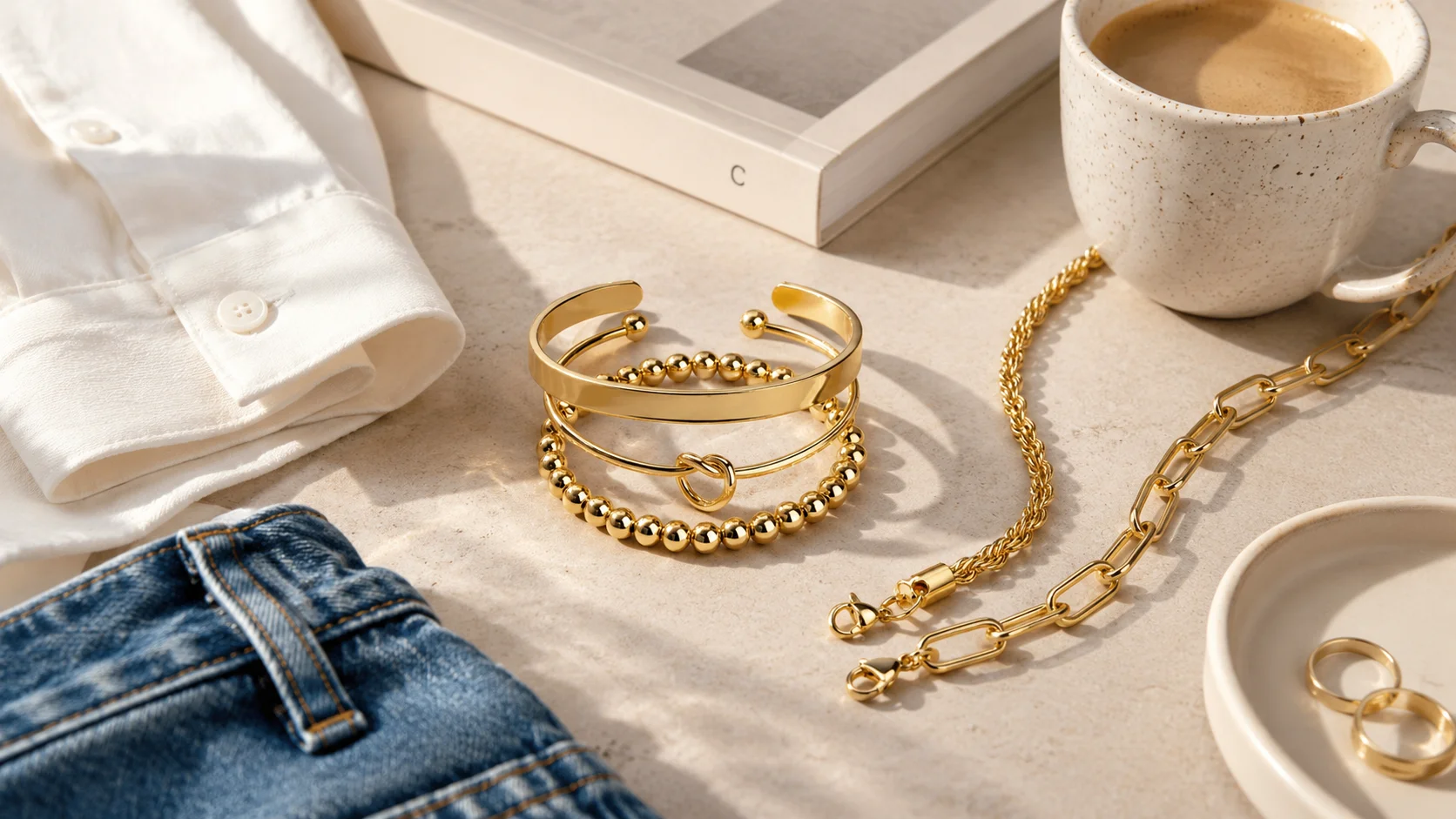 Stackable gold bracelets styled with everyday neutral work and weekend clothing pieces