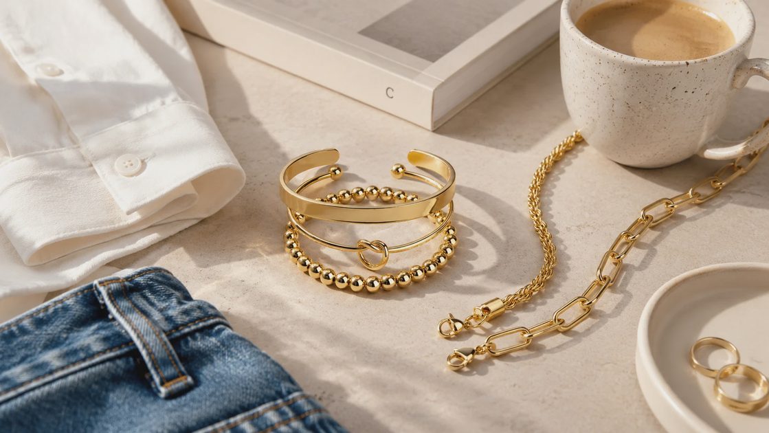 Stackable gold bracelets styled with everyday neutral work and weekend clothing pieces